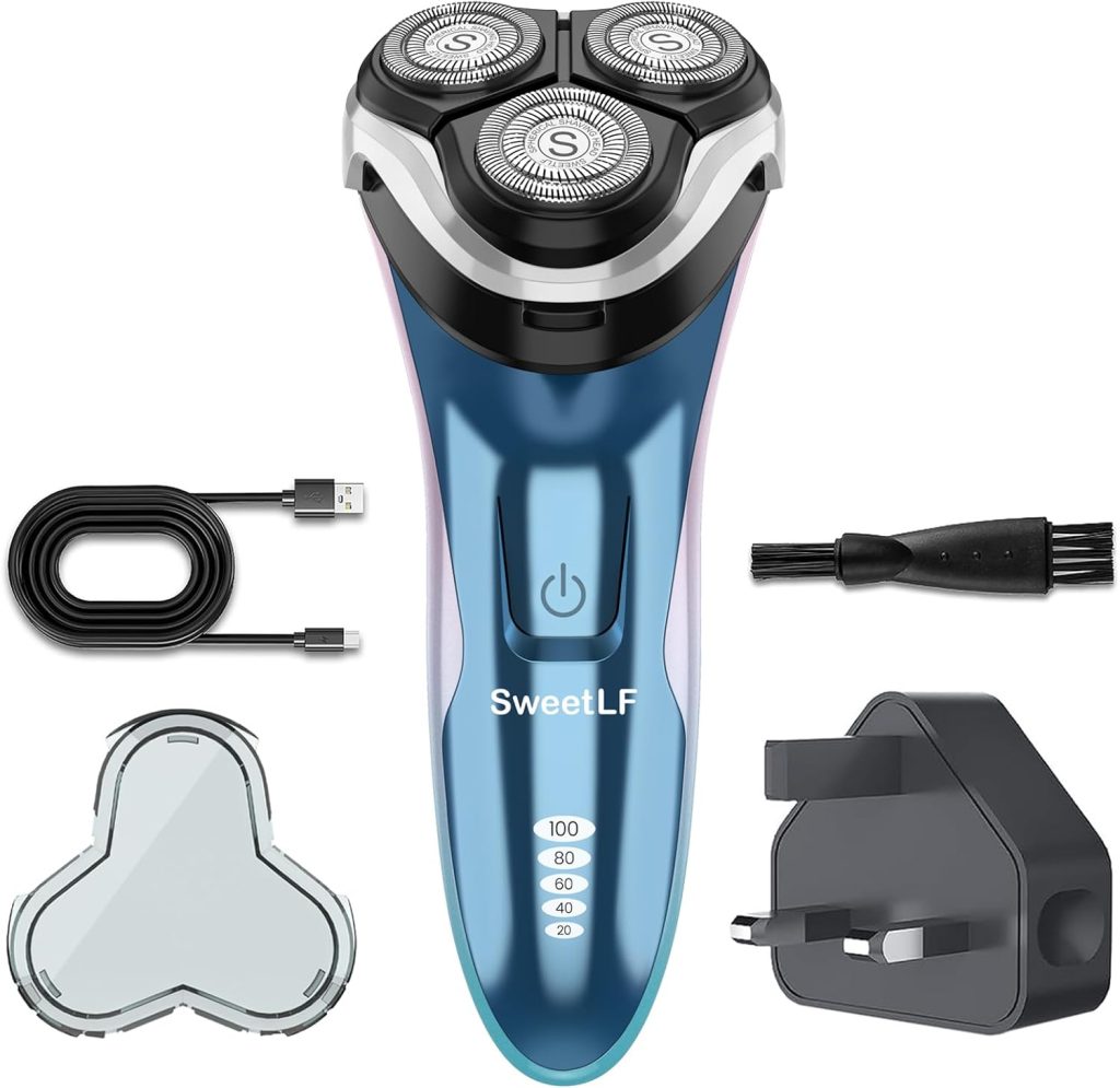SweetLF Electric Razor for Men, 120 Min Shaving, Fast UK Adapter (1H Charging),100% Waterproof, Wet & Dry Rotary Shavers for Men with Pop-up Trimmer, LED Display