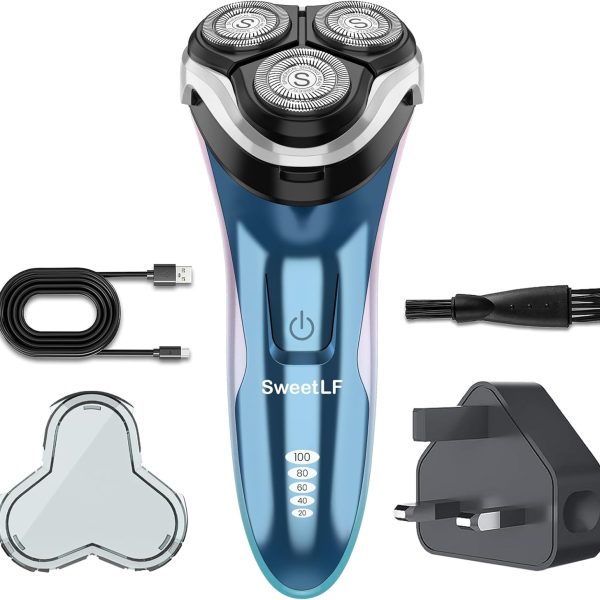 SweetLF Electric Razor for Men, 120 Min Shaving, Fast UK Adapter (1H Charging),100% Waterproof, Wet & Dry Rotary Shavers for Men with Pop-up Trimmer, LED Display