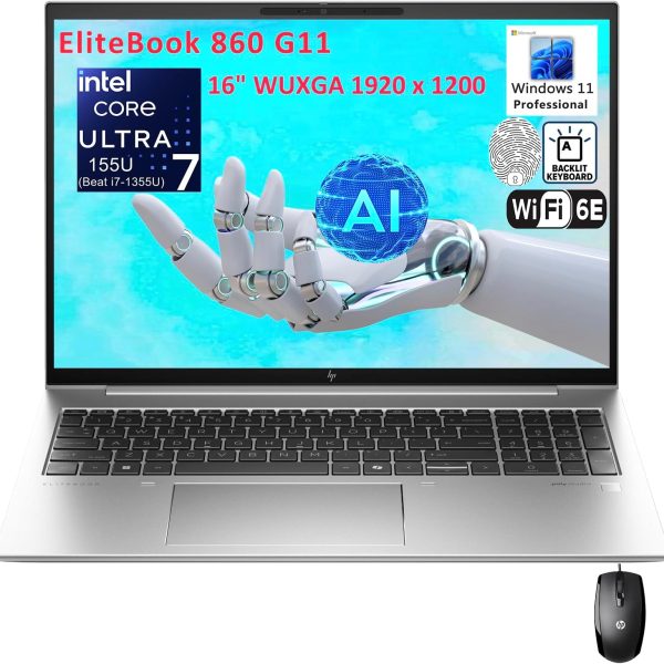 HP EliteBook 860 G11 16" FHD+ Business Laptop Computer, Intel Ultra 7 155U (Beat i7-1355U), 16GB DDR5 RAM, 1TB PCIe SSD, WiFi 6E, BT 5.3, Backlit Keyboard, Fingerprint Reader, Windows 11 Pro, AZ-XUT