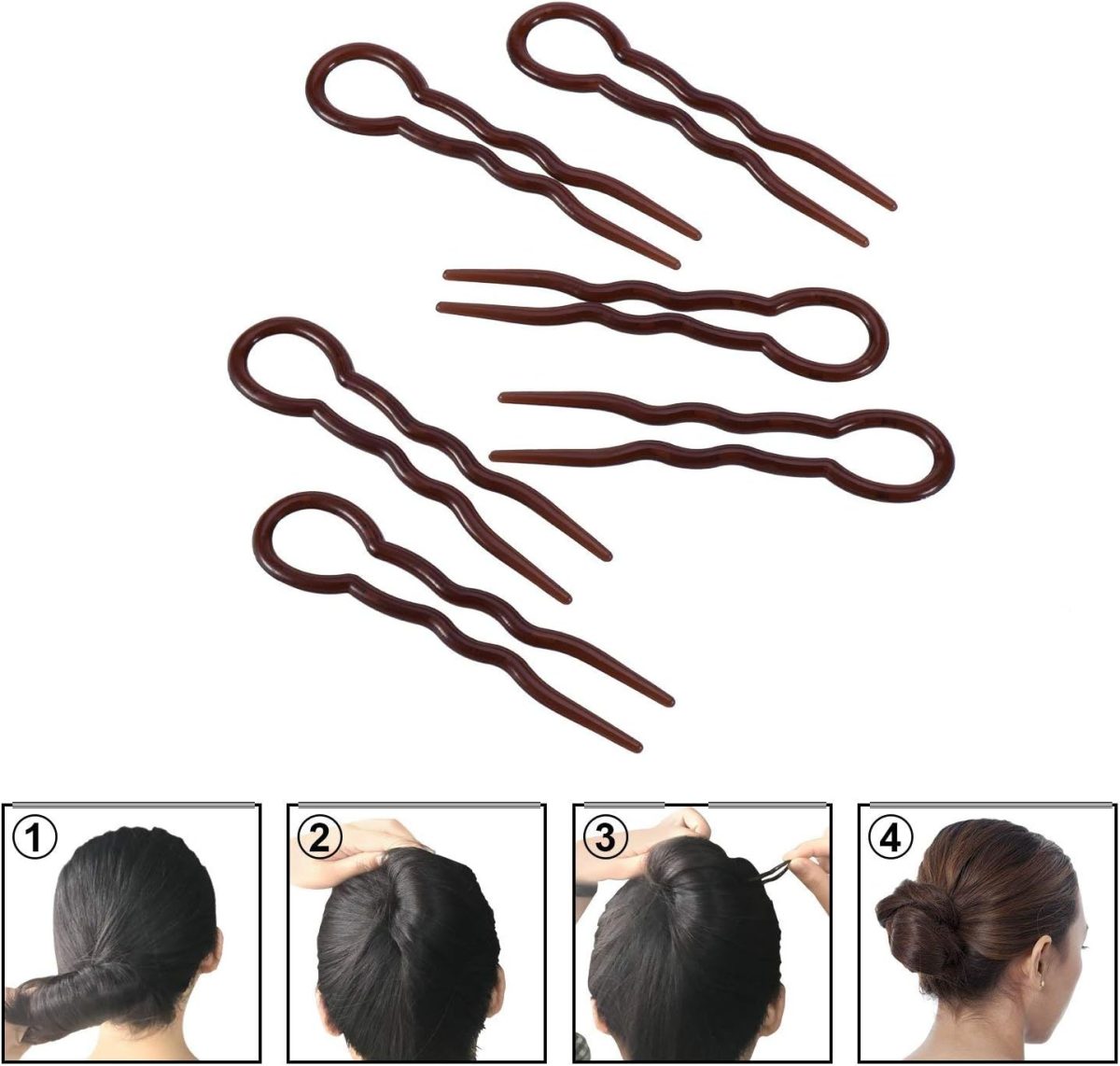 ⁦YelaJoy 10Pcs 4-Hole Twist Hairpin 7.5cm Brown Set, Durable High Quality Lightweight U-Shaped Hair Pins Elegant Hair Bun Accessories, for Women & Girls Hair Decoration⁩ - الصورة ⁦3⁩
