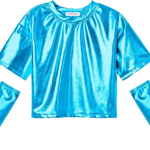 قمصان ميتاليك باكمام للذراع، بلوزة قصيرة لامعة للرقص والمهرجانات والازياء التنكرية للبنات بعمر 4-15 سنة
