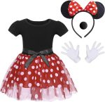 زي تنكري فاخر بتصميم ميني من اتورتشر مع طوق شعر على شكل اذني فار وفيونكة وقفازات وانف للاطفال والبنات، لحفلات اعياد الميلاد والهالوين وتنورة قصيرة منقطة