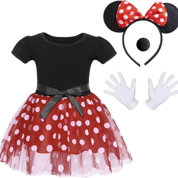 زي تنكري فاخر بتصميم ميني من اتورتشر مع طوق شعر على شكل اذني فار وفيونكة وقفازات وانف للاطفال والبنات، لحفلات اعياد الميلاد والهالوين وتنورة قصيرة منقطة