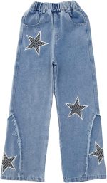 ⁦SEAUR Kids Girls Jeans Ripped Baggy Wide Leg Denim Pants High Elastic Waist Loose Straight Casual Fashion Retro Trousers with Pockets Age 5-15 Years⁩ - الصورة ⁦5⁩