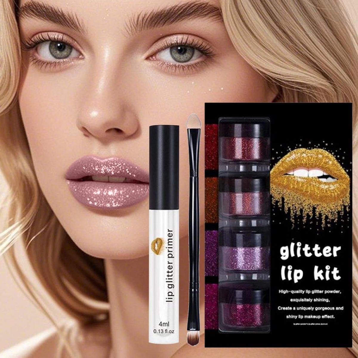 ⁦Glitter Lip Kit, Long Lasting Glitter Lip Powder with Primer and Brush, Shiny Cosmetics Set Glitters Lips Kit for Wife Mom Women Wedding Halloween Party Christmas Travel Family Gathering Holiday Event⁩ - الصورة ⁦5⁩