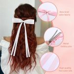 ⁦6PCS Bow Hair Clips, Soft Silky Stain Ribbon Hair Clips for Women, Cute Hair Bows with Long Tail, Solid Bows for Female Thick Thin Long Hair,Hair Accessories (Macaron)⁩ - الصورة ⁦5⁩