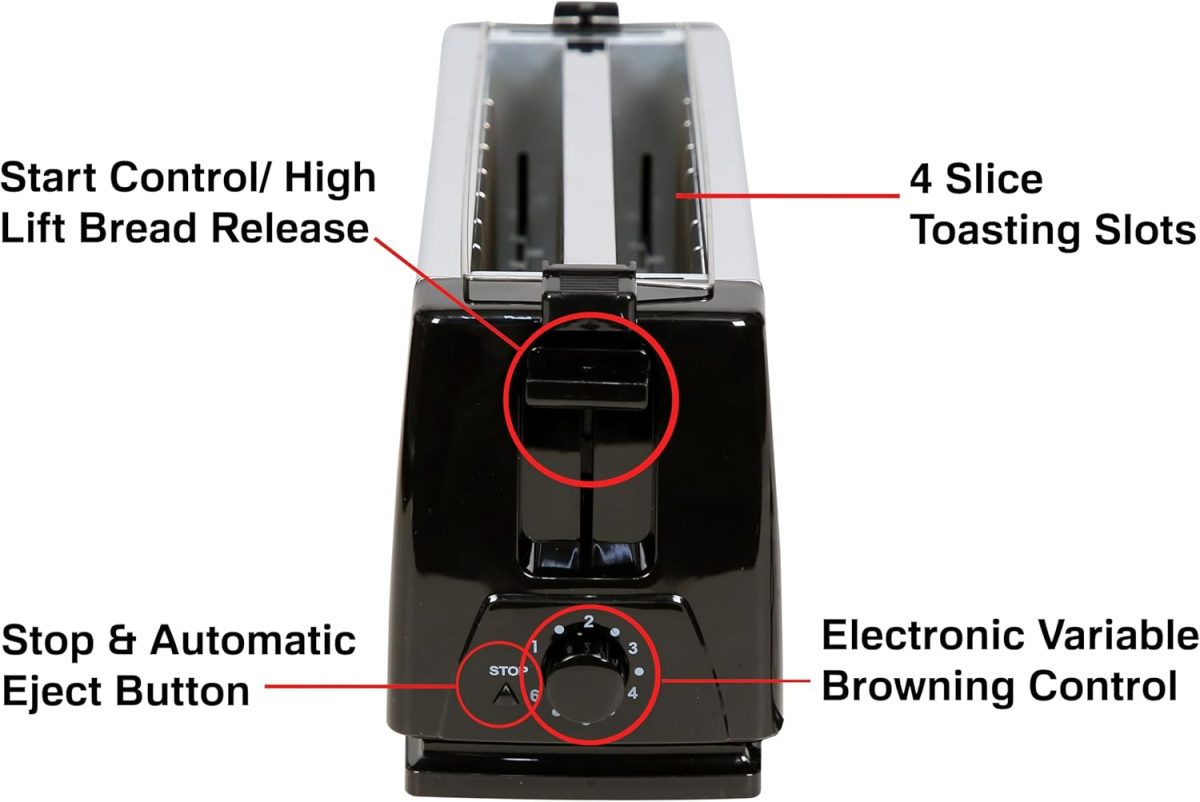 ⁦Techno Best 1300W 4 Slice Stainless Steel Electric Toaster/Efficient Breakfast Toasting/Breakfast machine with Browning control/Black Grey/BET-02S⁩ - الصورة ⁦2⁩
