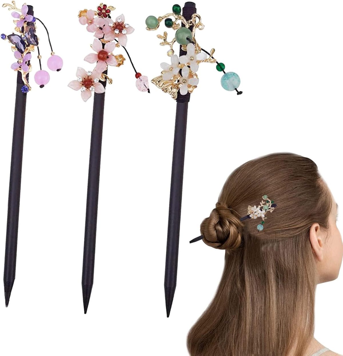 Aputue Wooden Hair Pins, Set of 3 Traditional Chinese Hair Sticks, Elegant Floral Hair Pins for Women, Ideal for Weddings and Special Occasions