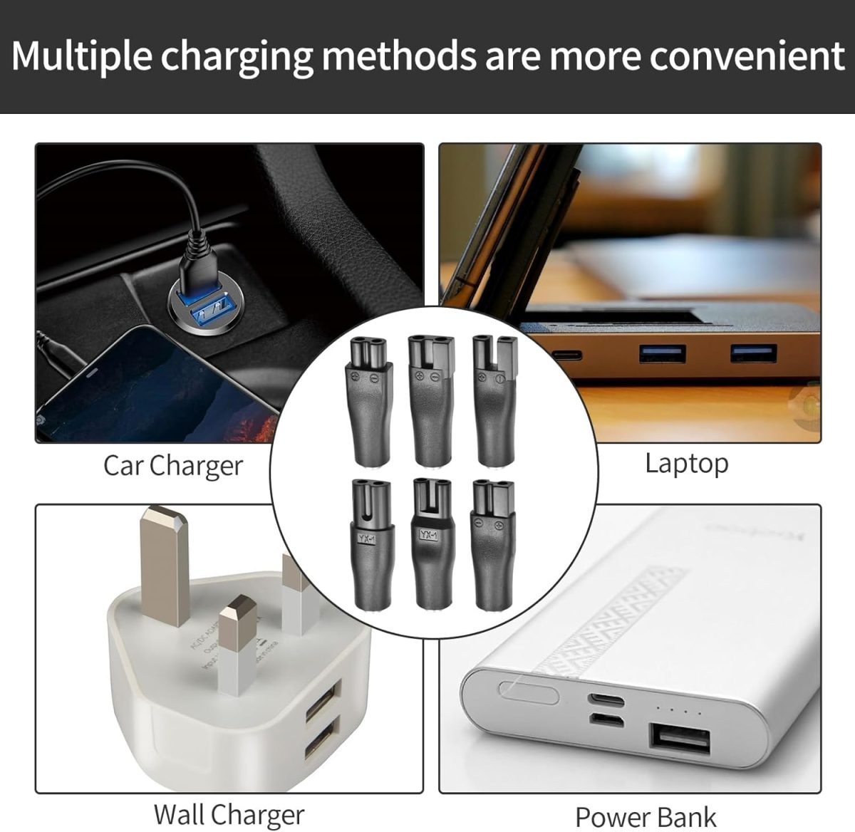 ⁦Shaver Charger, 6 Pcs Universal Shaver Converter, 6 Unique Head Shape Power Cord Supply Adapter, DC Connector, Beard Trimmer Charger, Men's Razor Charger Cable Kit, Multi-Functional Charging Solution⁩ - الصورة ⁦5⁩