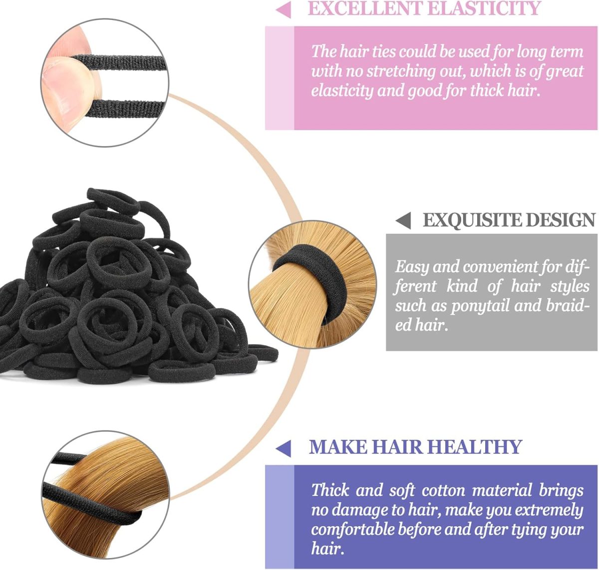 ⁦Bukela Hair Ties for Women And Kids, 100PCS Seamless Thick Cotton Hair Band, Elastic Baby Hair Ties No Damage Ponytail Holder（Black）⁩ - الصورة ⁦3⁩