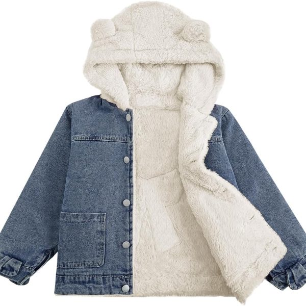 جيمي جاكيت جينز للبنات، معطف شتوي بغطاء للرأس مع بطانة من الصوف الصناعي للاطفال الصغار بتصميم سميك مزين بالترتر