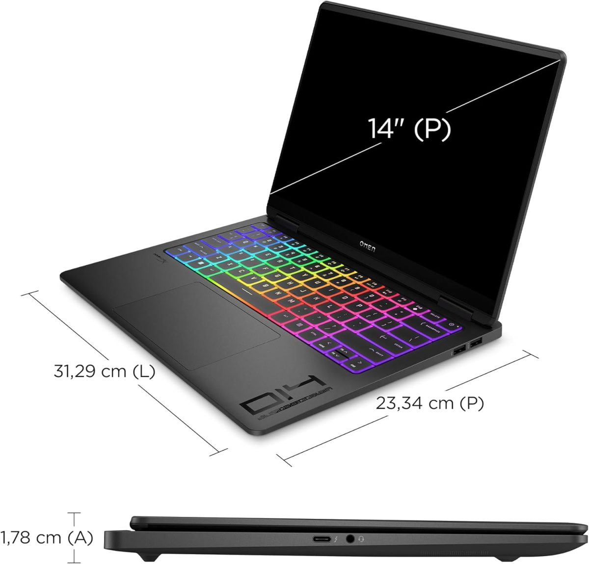 ⁦OMEN Transcend Laptop 14-fb0002ne, Intel Core Ultra 9-185H, 14" 3K 120Hz OLED Display, 32GB LPDDR5 RAM, 1TB SSD, 8GB NVIDIA® GeForce RTX™ 4070, Eng/Ar KB, Win11, Shadow black [9V8S7EA]⁩ - الصورة ⁦2⁩