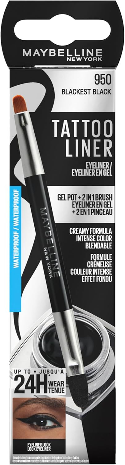71pxy3ZIB6L._AC_SL1500_.jpg Maybelline New York Gel Eyeliner, Waterproof and Long-Lasting 2-in-1 Professional Brush, Up to 24 Hours Hold, Tattoo Liner Gel Pot, Colour: 950 Blackest Black - الصورة 4