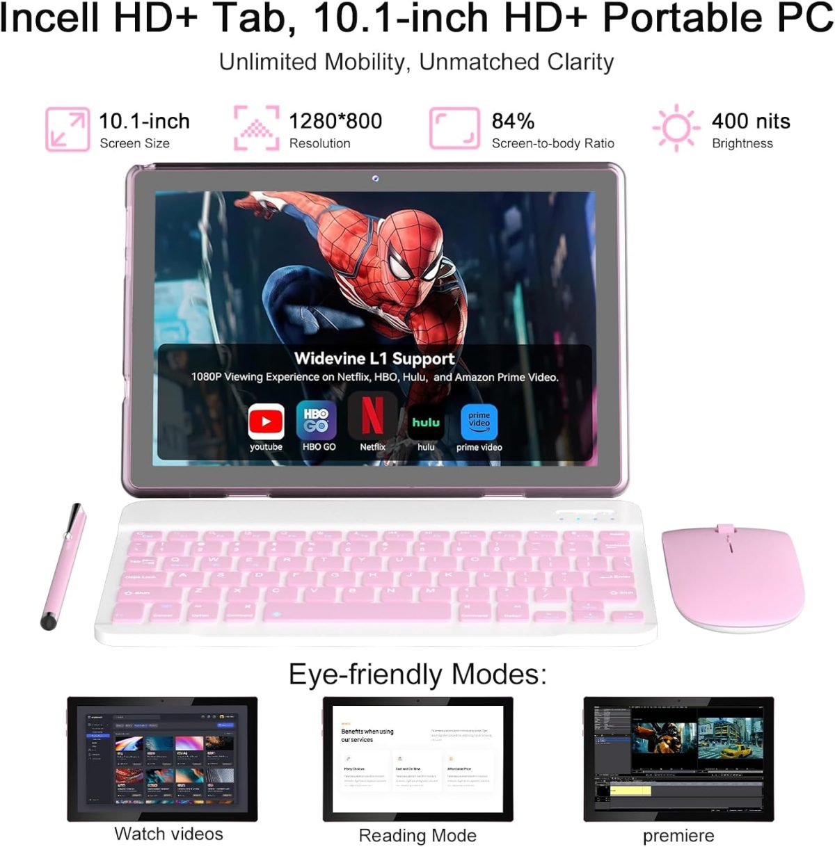 ⁦Android 15 Tablet,10 inch Tablets, 18GB RAM+128GB ROM/2TB Expandable, 2 in 1 Tablets with Keyboard Case, 1280x800 IPS Display Screen, 5G Wi-Fi6, Dual Camera, 6000mAh Battery BT5 Widevine L1 (Pink)⁩ - الصورة ⁦6⁩