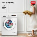 ⁦غسالة تحميل أمامي بسعة 6 كجم وقدرة 1200RPM مع محرك عاكس بي ال دي سي و11 برنامج غسيل و5 وظائف متقدمة وشاشة LED وقفل أمان للأطفال وتحكم في درجة الحرارة والسرعة، موفرة للطاقة WM0600JFW من امبيكس⁩ - الصورة ⁦5⁩