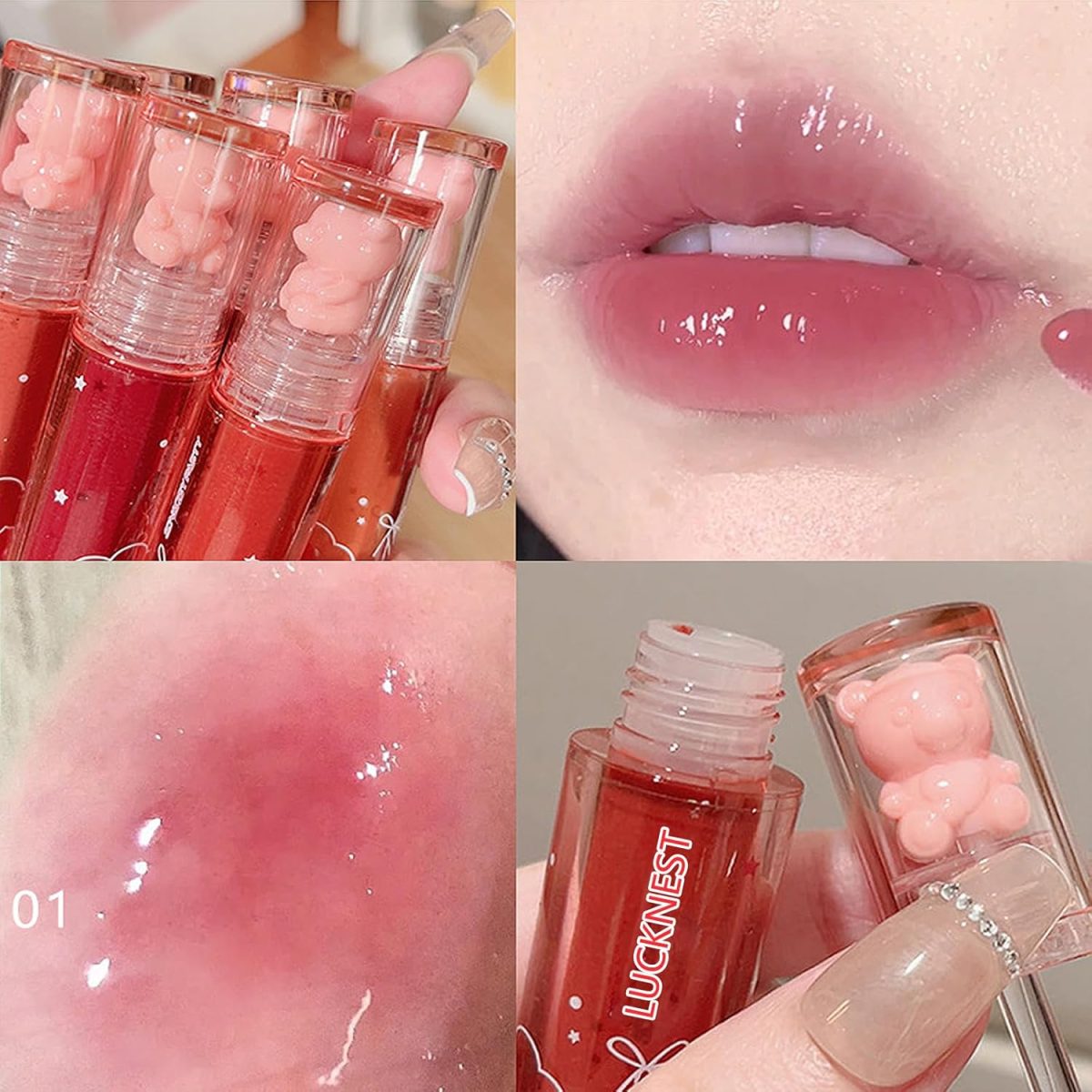 ⁦LuckNest 6Pcs Bear Lip Glaze Jelly Lipstick, Liquid Lipstick Cute Bear Lipgloss Moisturizing Lip Stain Plumping Water Lip Gloss Waterproof Long Lasting Cheek Rouge Tint Cosmetics Beauty Makeup⁩ - الصورة ⁦4⁩