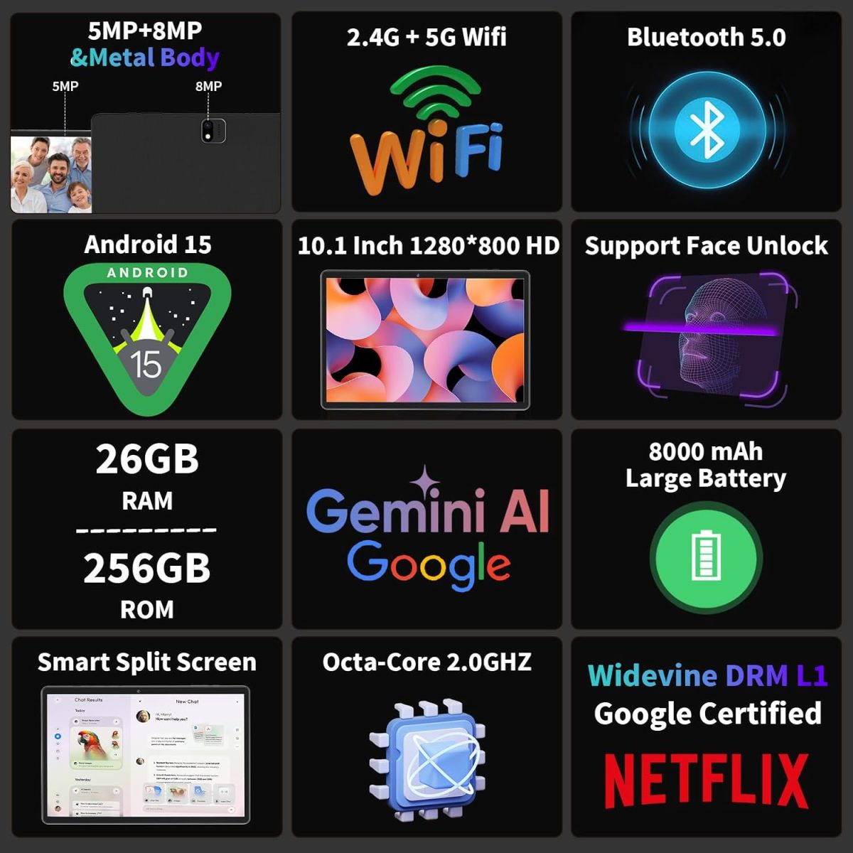⁦2025 Android 15 Tablet with Keyboard, 26GB(6+20)RAM+256 Storage(Expand to 2TB), 8000mAh Battery, Widevine L1, 10 Inch 2-in-1 Tablets with 5G/2.4G WiFi, BT5.0, GMS Certified, Mouse, Case, Stylus(Green)⁩ - الصورة ⁦2⁩
