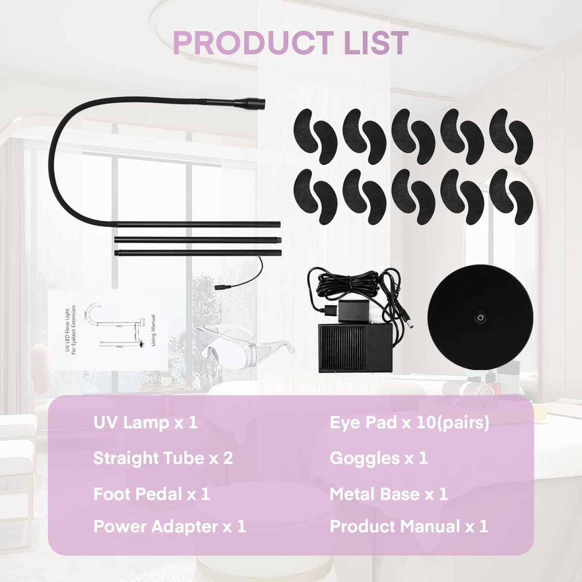 ⁦MYSWEETY UV Lash Light for Light Curing UV Eyelash Glue, 5W LED Eyelash Extensions Nail Tech Glue Lamp with Foot Pedal Control, Glue Cured in 2-3 Seconds, 10 Eye Patch+Goggles, Adjustable Spot Size⁩ - الصورة ⁦7⁩