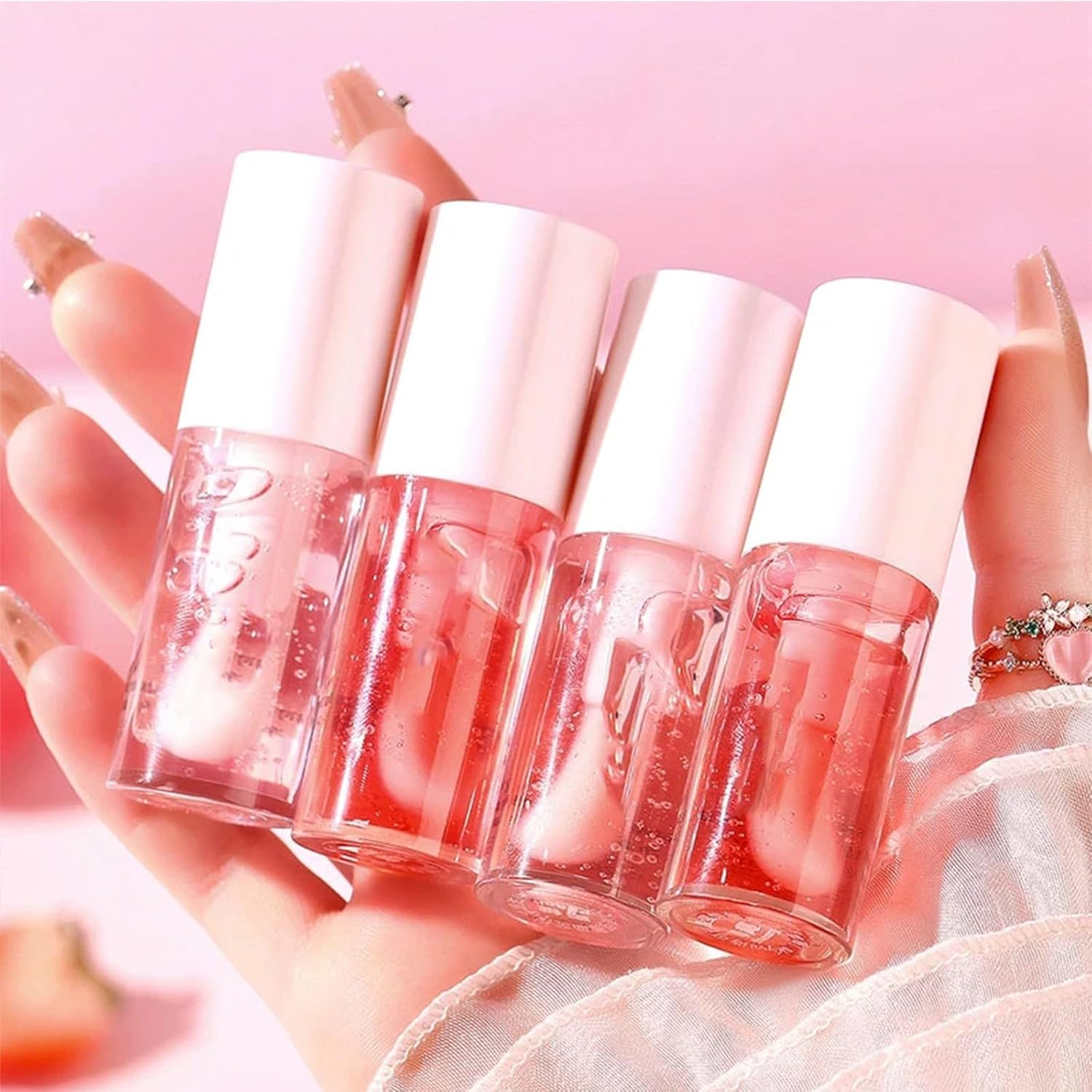 71rgzWhwJYL._AC_SL1500_.jpg ملمع شفاه بنكهة الفواكه، زيت مرطب يدوم طويلا في الفراولة والخوخ، مرطب شفاه مغذي للحصول على لمسة نهائية ناعمة ولامعة، قطعتين - الصورة 2