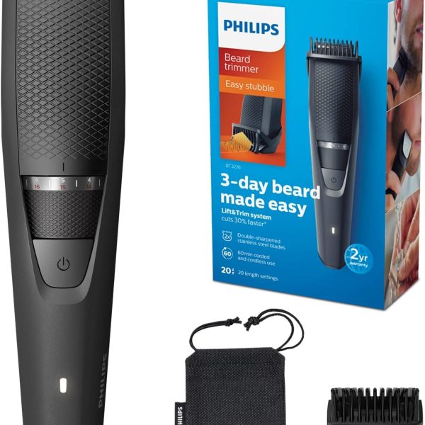 Philips Beard Trimmer for Men, Series 3000, 20 Length Settings, Self-Sharpening Metal Blades, UK 3-Pin Plug - BT3226/13