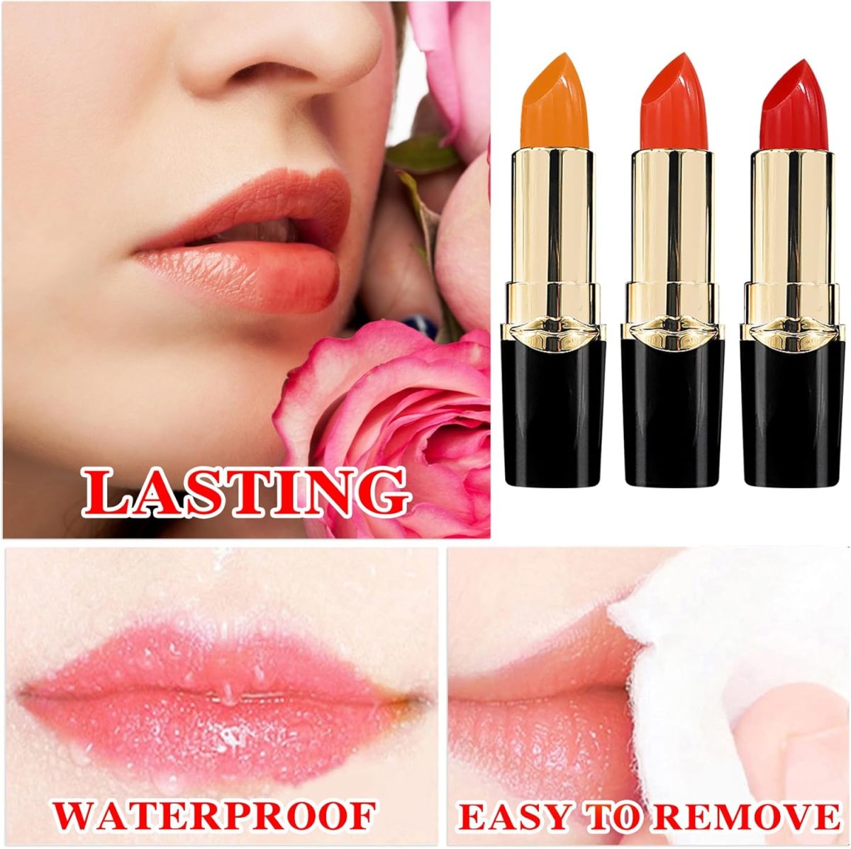 ⁦3Pcs Temperature Color Change Lipstick, Long Lasting Nourishing Moisturizing Lipgloss, Magic Temperature Color Changing Lipstick, Lip Gloss, Waterproof Matte Lip Balm Makeup⁩ - الصورة ⁦4⁩