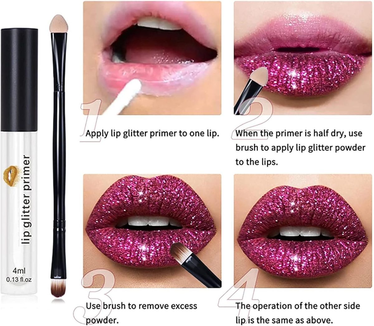 ⁦Glitter Lip Kit, Long Lasting Glitter Lip Powder with Primer and Brush, Shiny Cosmetics Set Glitters Lips Kit for Wife Mom Women Wedding Halloween Party Christmas Travel Family Gathering Holiday Event⁩ - الصورة ⁦4⁩