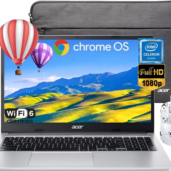 ايسر لابتوب كروم بوك 315 للطلاب والاعمال بشاشة 15.6 انش FHD IPS ومعالج انتل سيليرون N4500 وذاكرة RAM 4GB و320GB (64GB eMMC + بطاقة 256GB) وواي فاي 6 ونظام تشغيل كروم وماوس مانع للانزلاق