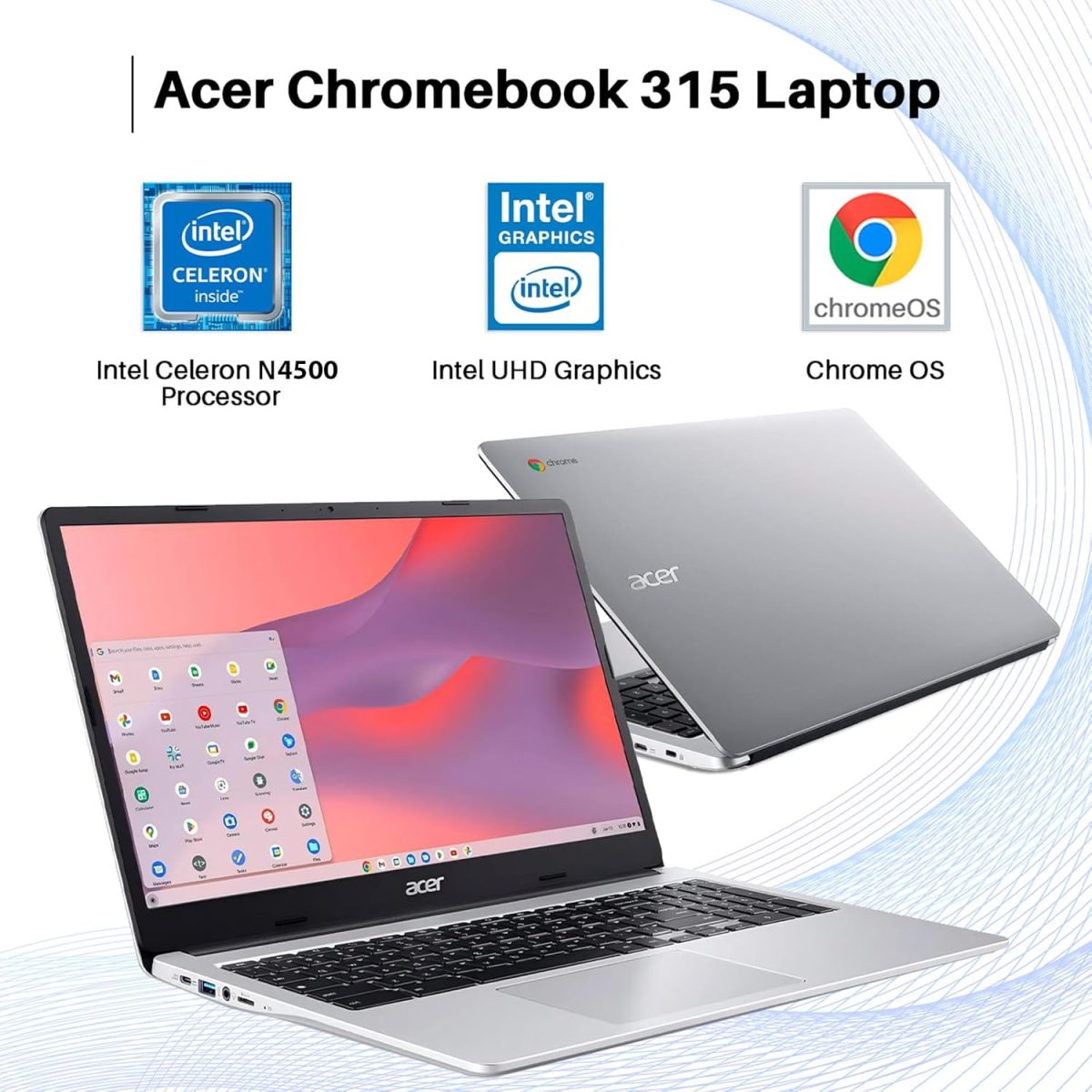 ⁦acer Chromebook 315 Laptop Computer for Student Business, 15.6" FHD IPS Display Chomebook Laptops, Intel Celeron N4500, 4 GB RAM|320 GB(64 GB eMMC+256 GB Card), WiFi6, Chrome OS+Designed Accessories⁩ - الصورة ⁦2⁩