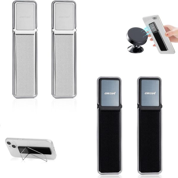 مقبض للموبايل، 4 قطع من حزام تلسكوبي للهاتف بمسند مرن للاصابع، حزام يد لاصق لقبضة الموبايل مع حامل متوافق مع معظم الهواتف الذكية (اسود، فضي)