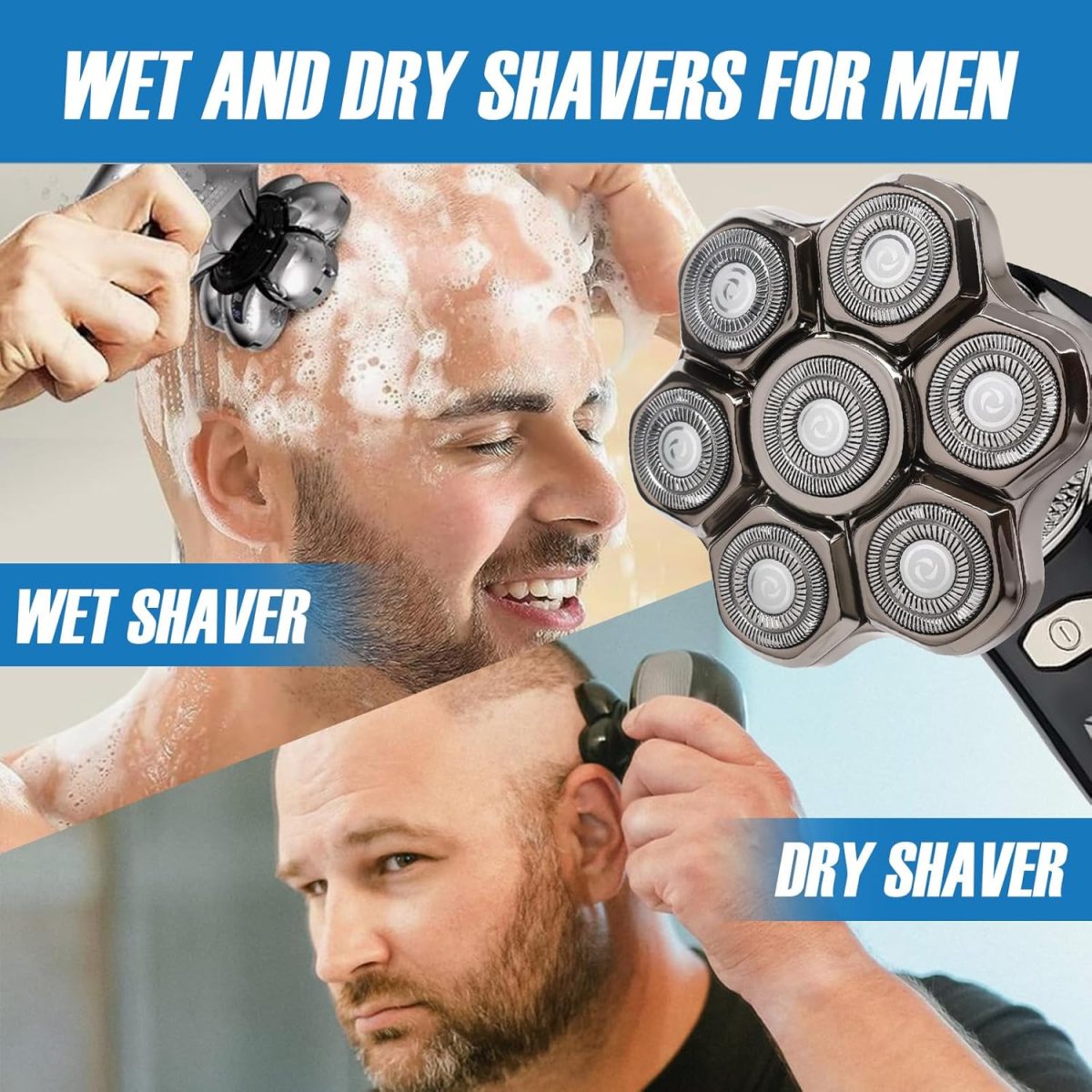 ⁦7D Electric Shaver Head, Magnetic Floating Replacement Razor Head for Bald Razor Men, Universal Head Shaver Bald Waterproof 7 Heads, Wet and Dry Bald Razor Razor Heads⁩ - الصورة ⁦4⁩