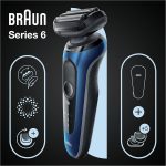 ⁦براون ماكينة حلاقة كهربائية للرجال من السلسلة 6 61-B1500s مع ملحق تشذيب اللحية ايزي كليك سينسو فليكس، تقنية رطبة وجافة، قابلة لاعادة الشحن، ماكينة حلاقة شبكية لاسلكية، ازرق⁩ - الصورة ⁦3⁩
