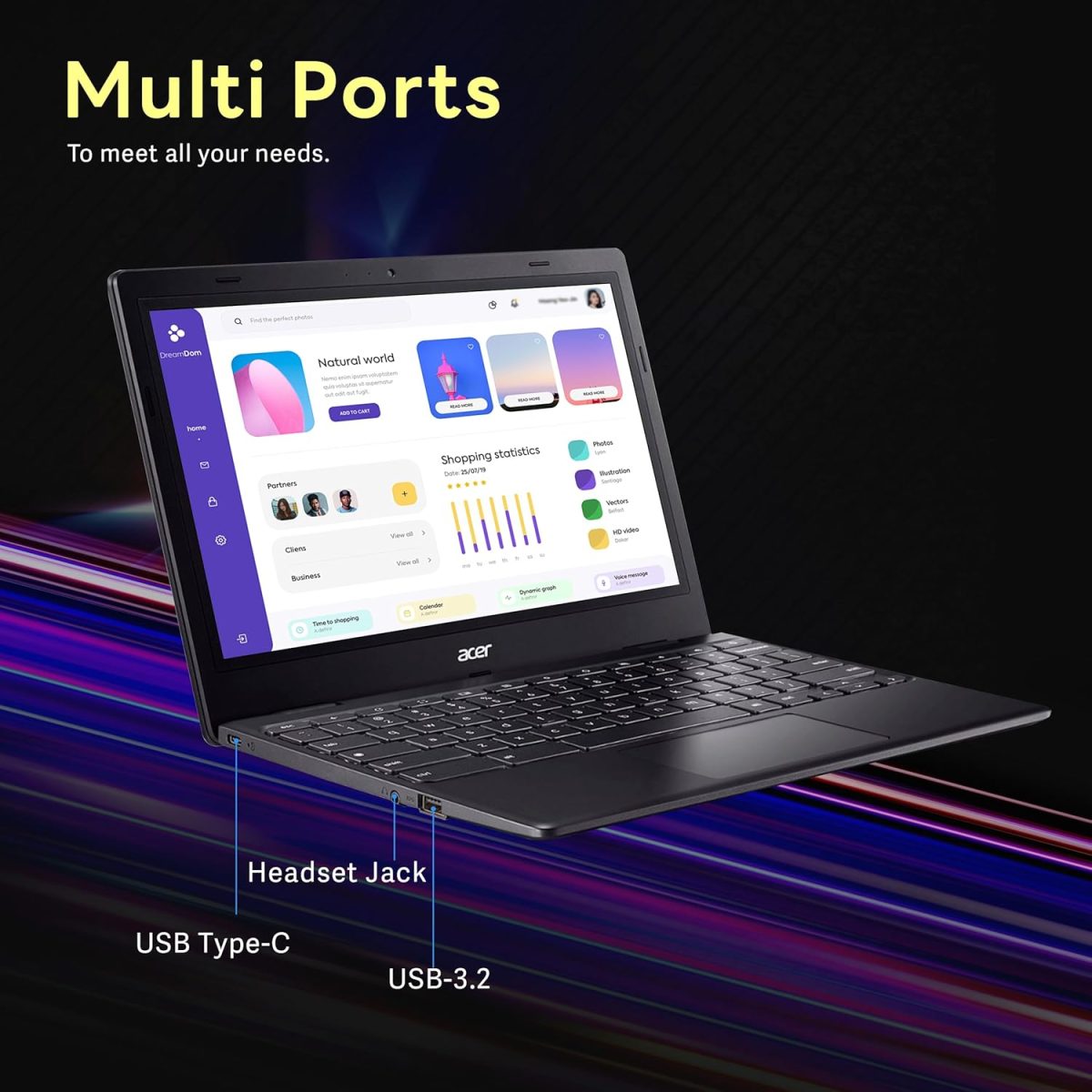⁦acer Chromebook 311 11.6" HD Laptop, Intel Celeron N4500 Processor, 4GB LPDDR4X RAM, 224GB Storage (64GB eMMC+160GB Docking Station Set), Intel UHD Graphics, Wi-Fi 5, Chrome OS, Black⁩ - الصورة ⁦9⁩
