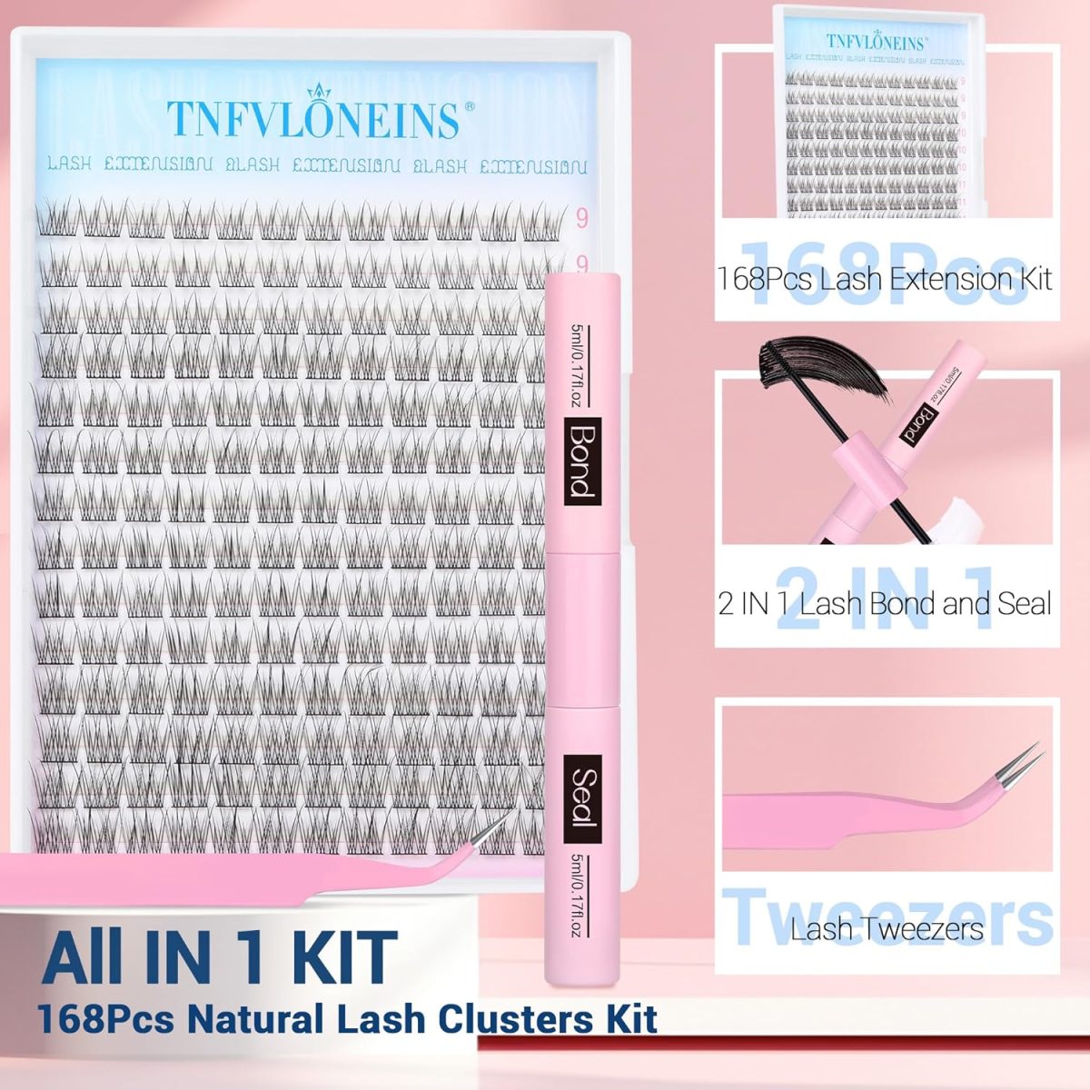 ⁦TNFVLONEINS Natural Lash Extension Kit 168Pcs Lash Clusters Kit Wispy Eyelash Extensions 9-12MM Individual Lashes Extensions with Bond and Seal Lash Glue and Eyelash Extension Tweezers DIY at Home⁩ - الصورة ⁦2⁩