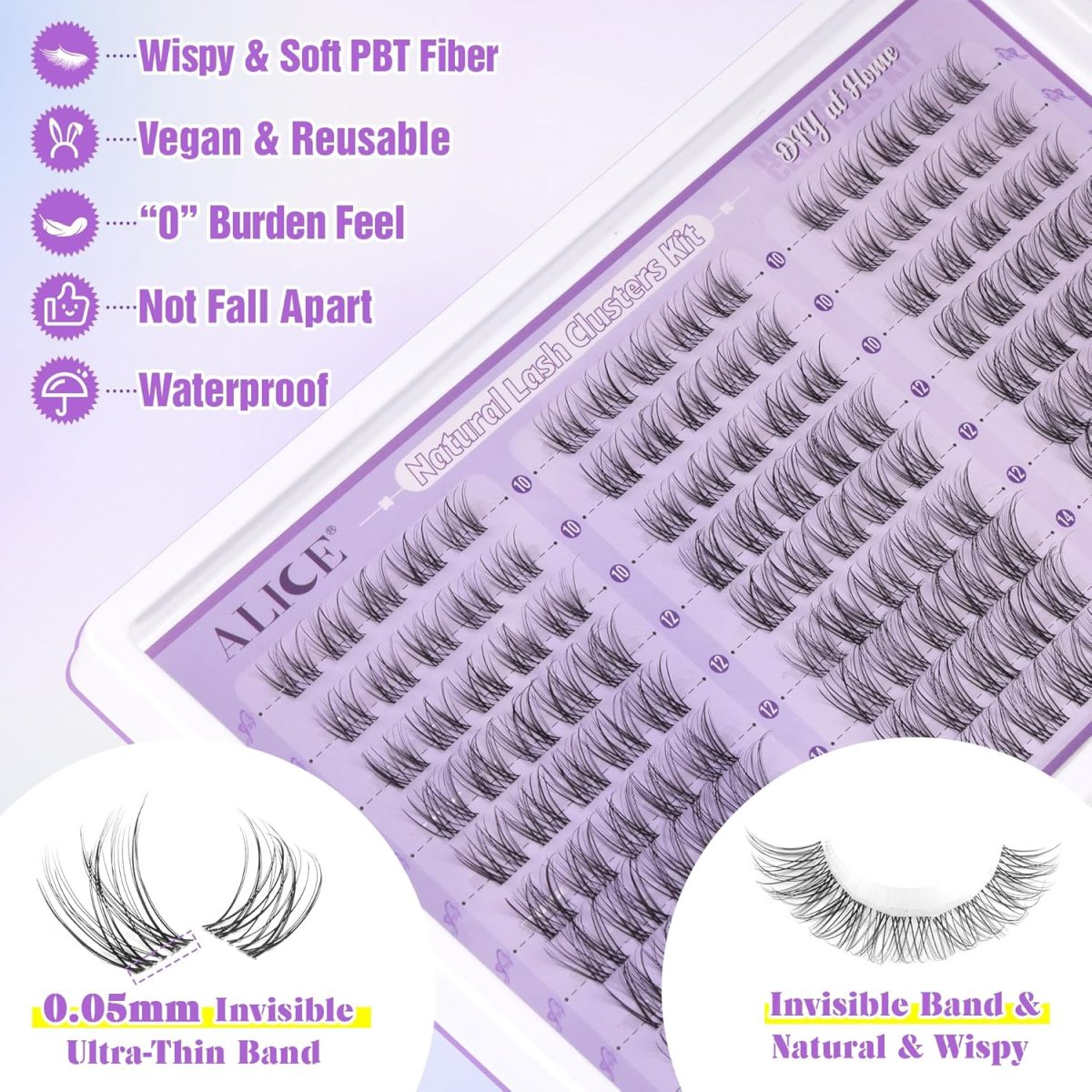 ⁦ALICE Eyelashes Individual Kit Natural Cluster Lashes Kit Clear Band Wispy Lash Extension Kit Cluster Eyelash Extension Kit with 135pcs C Curl 10-14mm Eyelash Clusters Bond and Seal DIY at Home⁩ - الصورة ⁦2⁩