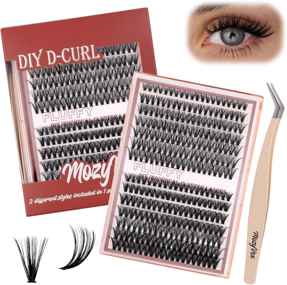 MozyVex DIY D Curl Lash Clusters Kit 280pcs Wispy & Fluffy Lash Clusters (30D+40D Mix) Cluster Eyelash Extensions Kit with Tweezers 8-16mm False Eyelashes for Natural Volume & Effortless Daily Use