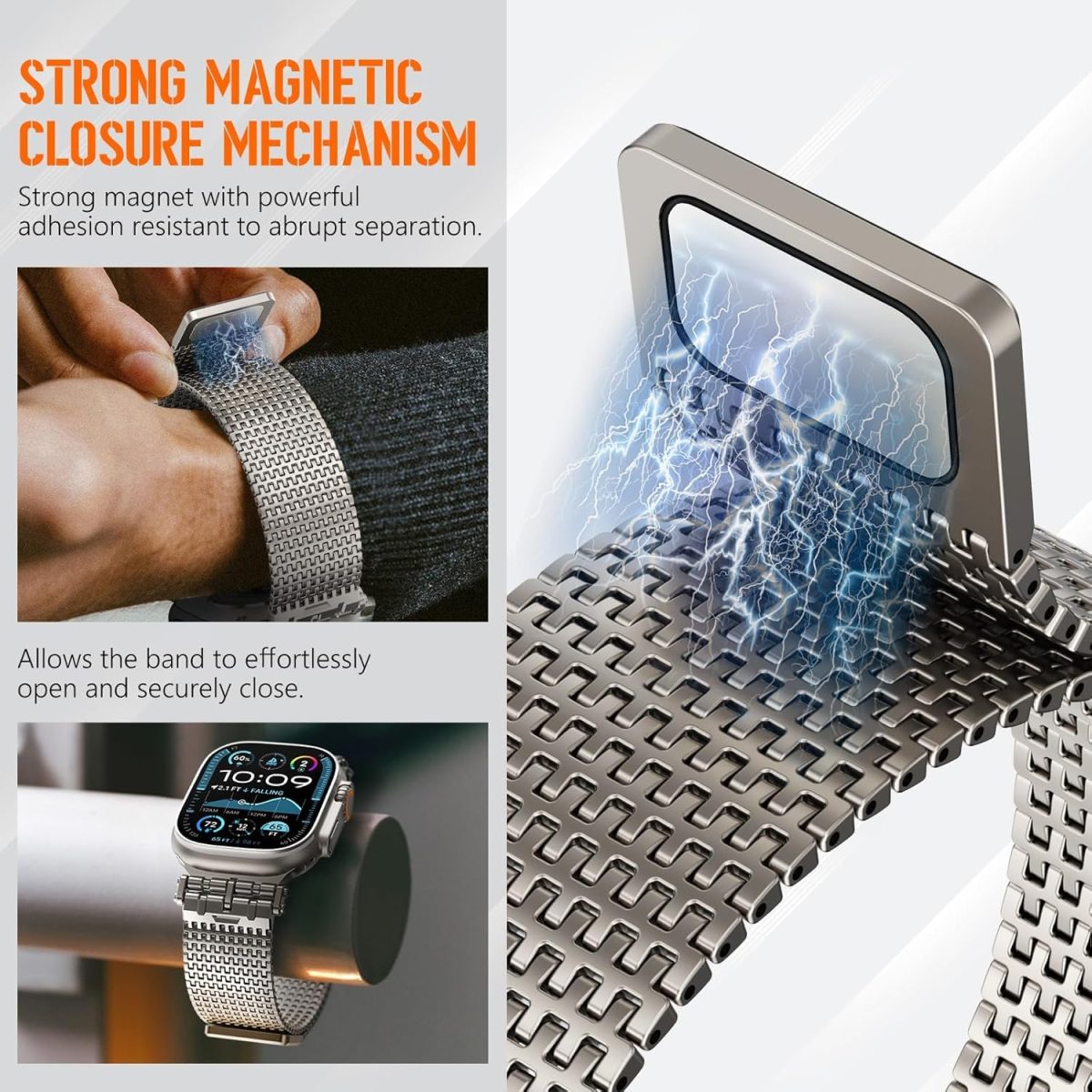 ⁦KASTWAVE Magnetic Milanese Loop Ban, Compatible with Apple Watch Band Ultra 2/Ultra 49mm 46mm 45mm 44mm Men Women, Adjustable Strap, for iWatch SE Series 10/9/8/7/6/5/4⁩ - الصورة ⁦2⁩