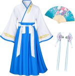 ⁦Asian Traditional Dress Kimono Robe for Kids Girls Costume Silk Folding Fans hairstick Cosplay⁩ - الصورة ⁦2⁩