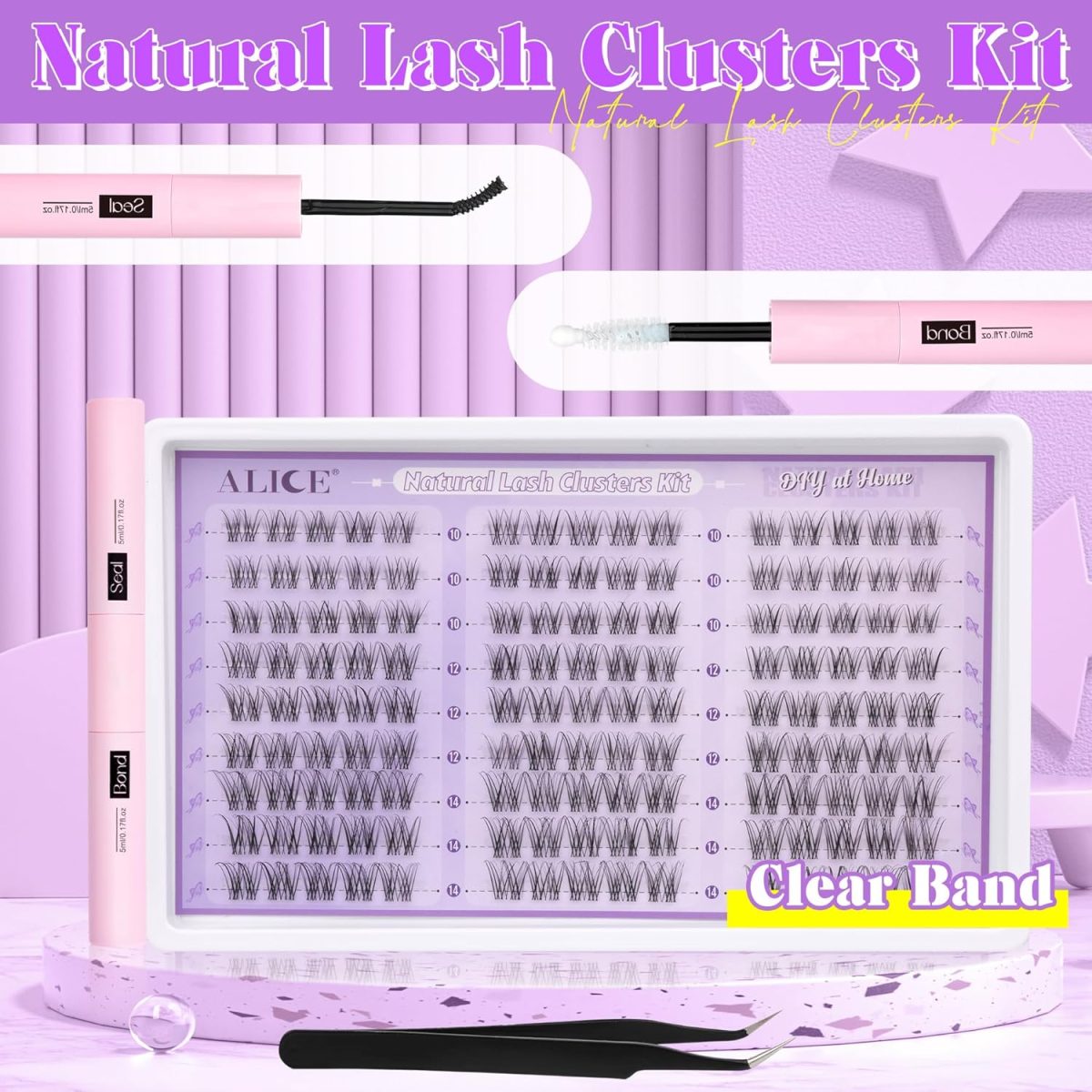 ⁦ALICE Eyelashes Individual Kit Natural Cluster Lashes Kit Clear Band Wispy Lash Extension Kit Cluster Eyelash Extension Kit with 135pcs C Curl 10-14mm Eyelash Clusters Bond and Seal DIY at Home⁩ - الصورة ⁦6⁩