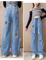 ⁦SEAUR Kids Girls Jeans Ripped Baggy Wide Leg Denim Pants High Elastic Waist Loose Straight Casual Fashion Retro Trousers with Pockets Age 5-15 Years⁩ - الصورة ⁦4⁩