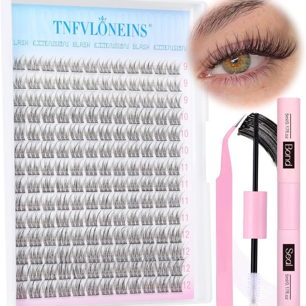 TNFVLONEINS Natural Lash Extension Kit 168Pcs Lash Clusters Kit Wispy Eyelash Extensions 9-12MM Individual Lashes Extensions with Bond and Seal Lash Glue and Eyelash Extension Tweezers DIY at Home