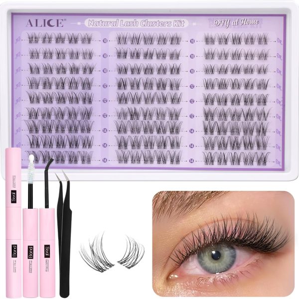 ALICE Eyelashes Individual Kit Natural Cluster Lashes Kit Clear Band Wispy Lash Extension Kit Cluster Eyelash Extension Kit with 135pcs C Curl 10-14mm Eyelash Clusters Bond and Seal DIY at Home