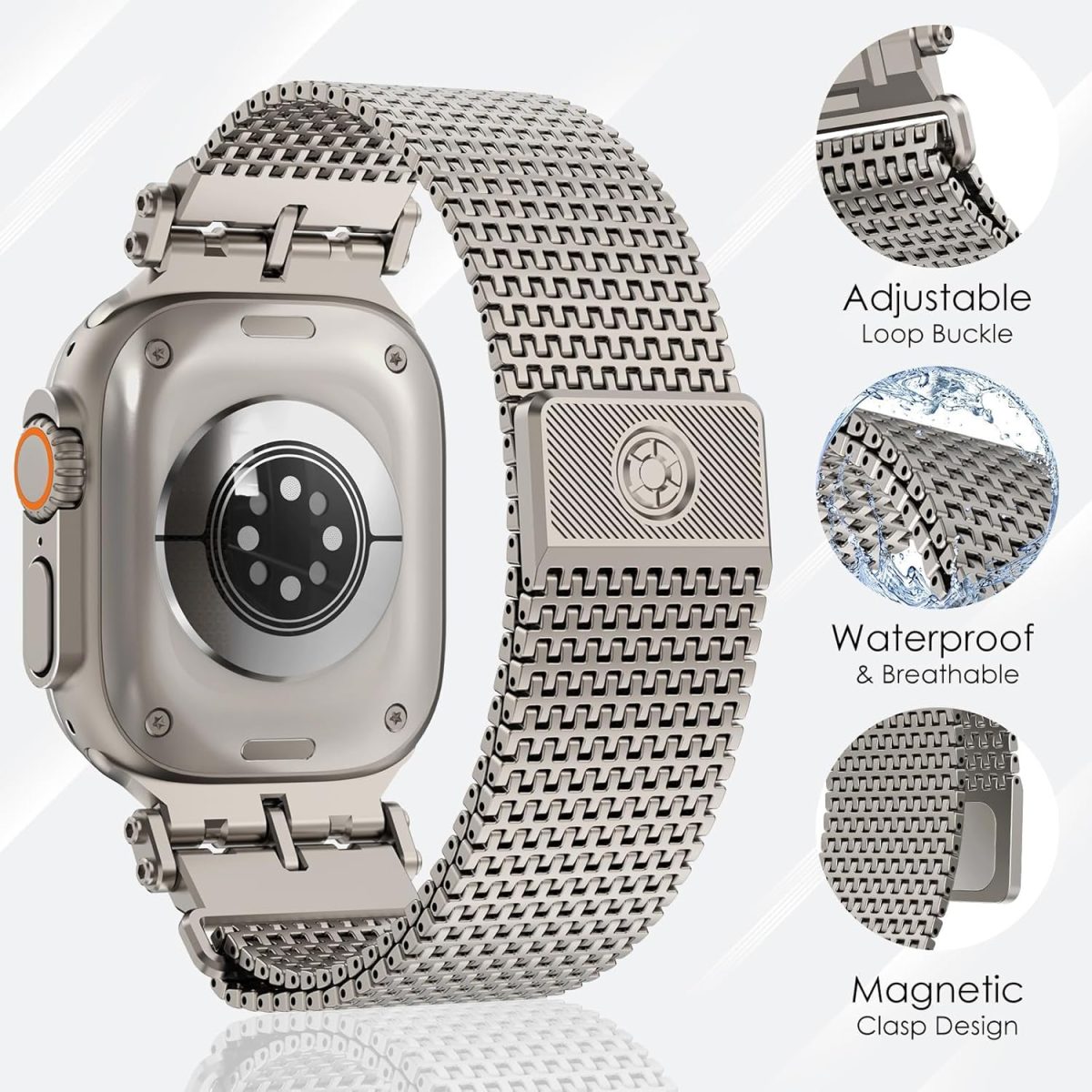 ⁦KASTWAVE Magnetic Milanese Loop Ban, Compatible with Apple Watch Band Ultra 2/Ultra 49mm 46mm 45mm 44mm Men Women, Adjustable Strap, for iWatch SE Series 10/9/8/7/6/5/4⁩ - الصورة ⁦8⁩