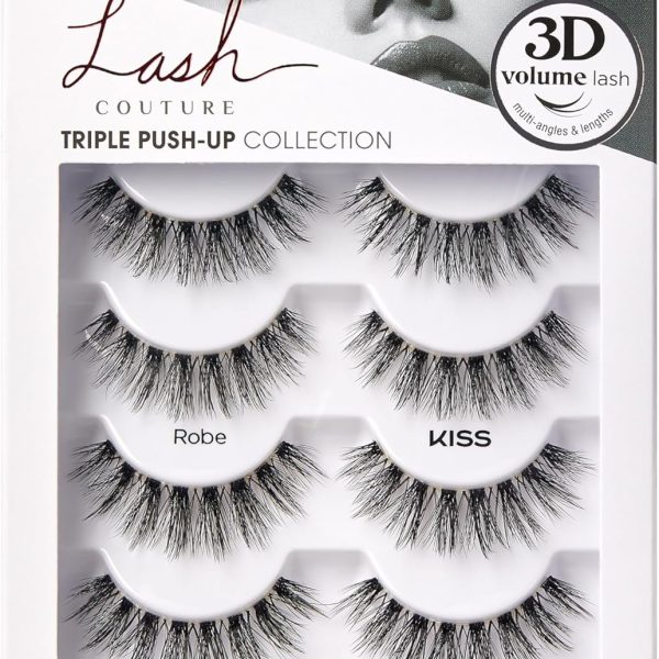 KISS Lash Couture Triple Push Up Collection Multipack, 3D Volume False Eyelashes, Triple Design Technology, Multi-Angles & Lengths, Cruelty-Free, Contact Lens Friendly, Reusable, Style Robe, 4 Pairs