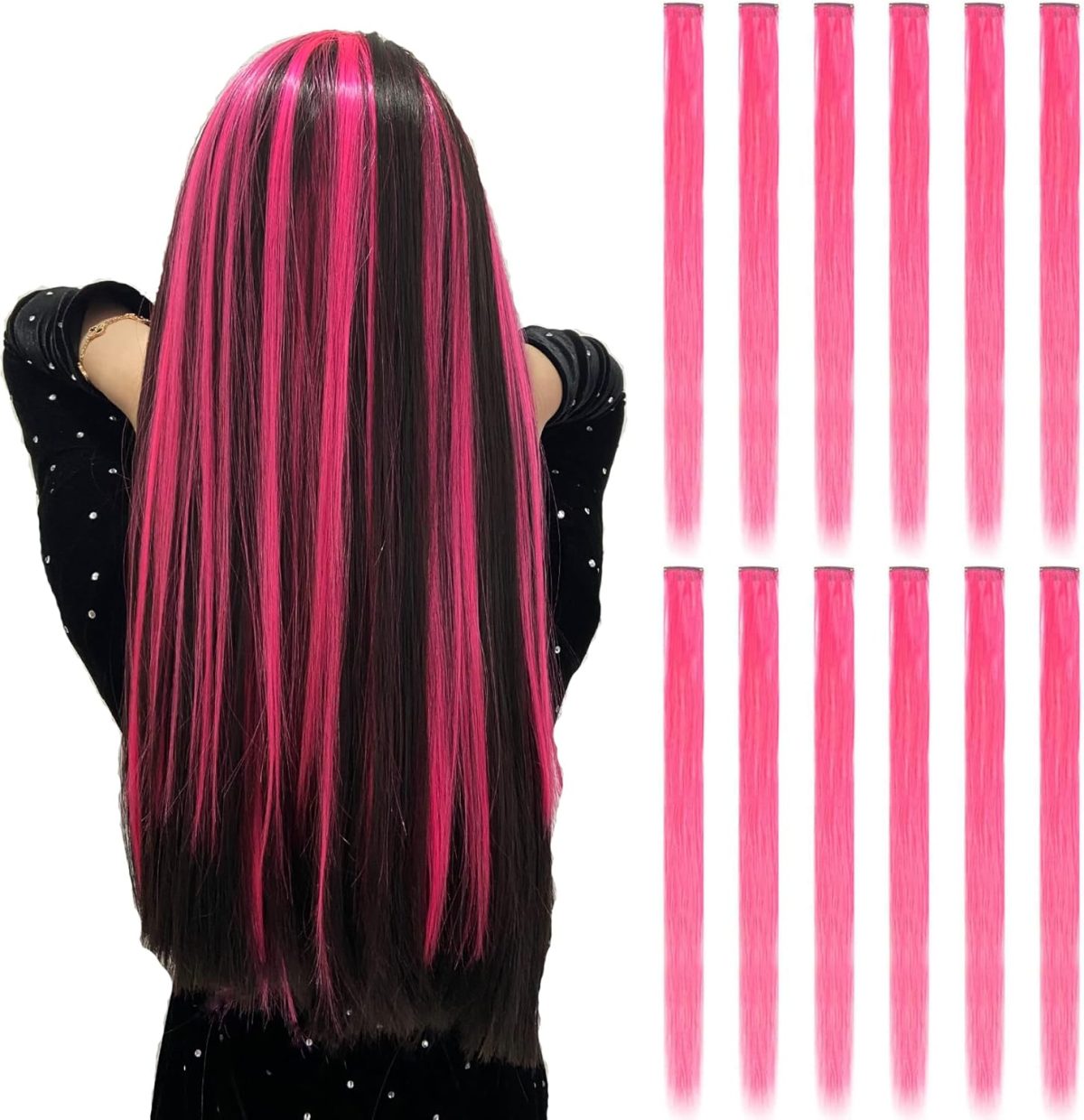 12PCS Colored Hot Pink Hair Extensions - Straight Multicolor Clip In - 20 Inch Rainbow - Kids/Women's Gifts - Halloween/Christmas Parties - Highlights