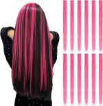 12PCS Colored Hot Pink Hair Extensions - Straight Multicolor Clip In - 20 Inch Rainbow - Kids/Women's Gifts - Halloween/Christmas Parties - Highlights