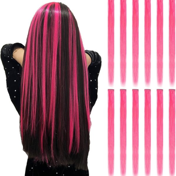 12PCS Colored Hot Pink Hair Extensions - Straight Multicolor Clip In - 20 Inch Rainbow - Kids/Women's Gifts - Halloween/Christmas Parties - Highlights