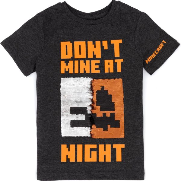 Minecraft Boys Halloween T-Shirt | Kids Dark Grey Flip Sequin Pumpkin Creeper Villains Tee | Skeleton Seasonal Costume Top