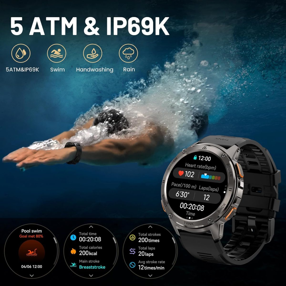 ⁦KOSPET Smart Watch for Men, 60 Days Extra-Long Battery, 50M Waterproof for Swimming, Rugged Military Full Metal Body Smartwatch, 1.43” AMOLED Always-On Display Fitness Watch（Answer/Make Calls）AI Voice⁩ - الصورة ⁦4⁩