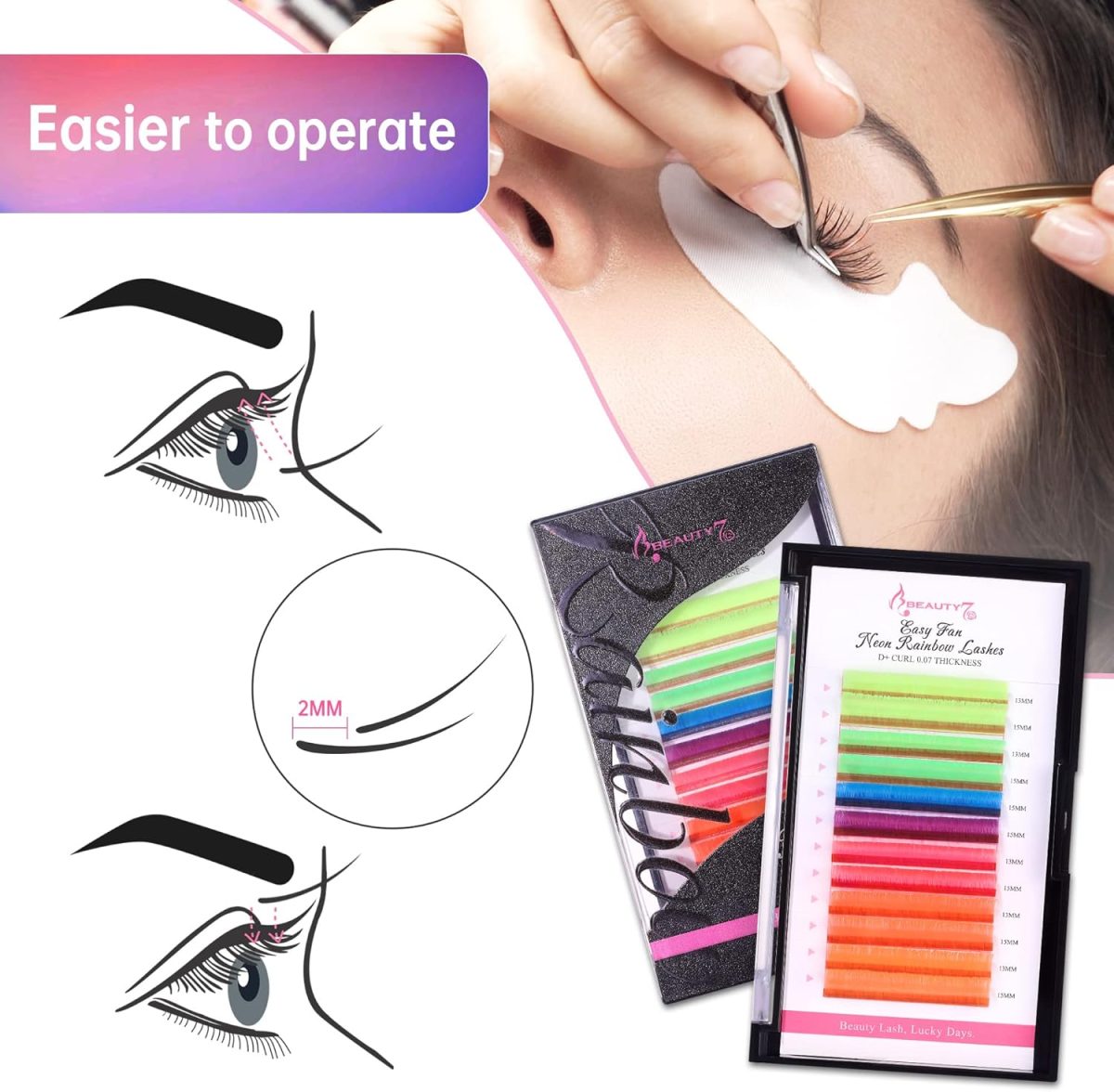 ⁦Beauty7 Colored Lash Extensions Easy Fan Neon Rainbow Lashes 7 Colors Classic Lashes Volumn Lashes Ombre Lash Extensions Self Fanning D+ Curl 0.07mm 13mm 15mm Dramatic Eyelashes⁩ - الصورة ⁦7⁩
