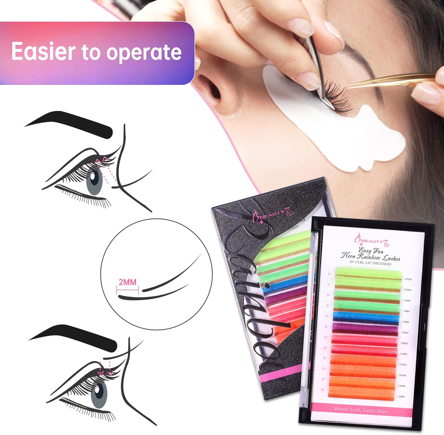 81L4seOBOvL._AC_SL1500_.jpg Beauty7 Colored Lash Extensions Easy Fan Neon Rainbow Lashes 7 Colors Classic Lashes Volumn Lashes Ombre Lash Extensions Self Fanning D+ Curl 0.07mm 13mm 15mm Dramatic Eyelashes - الصورة 7